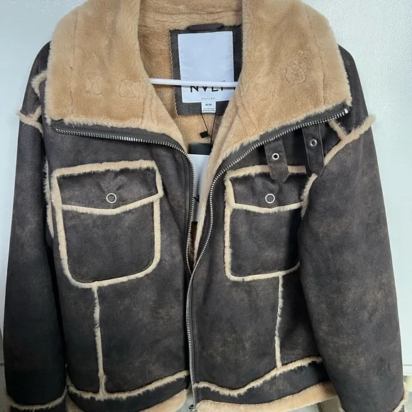 🌟NWT🌟NVLT Shearling Biker Jacket Brown - Picture 4 of 9